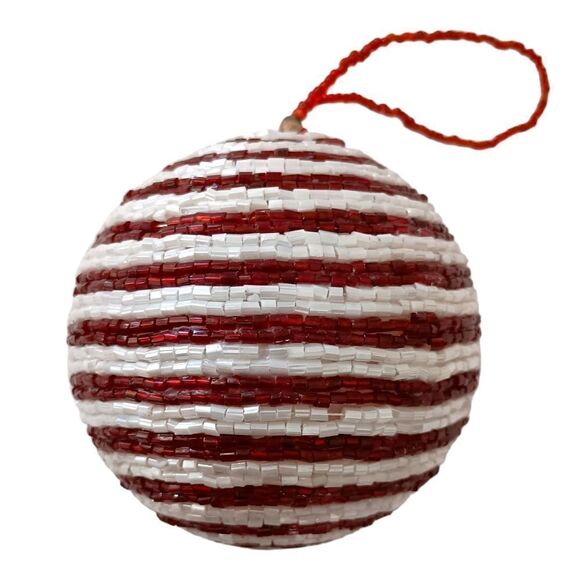 Hand Beaded Christmas Ornament Glass Bugle Beads All Around Red White Vintage. - Picture 2 of 14